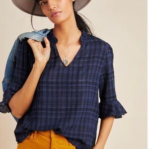 Dolan for Anthropology Blue Checkered Blouse With Ruffled Sleeves, Small